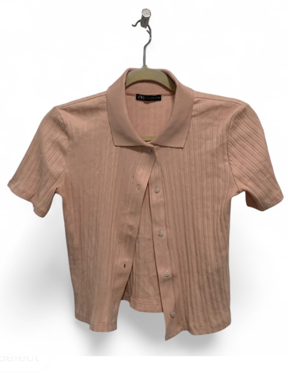 Zara Light Pink Ribbed Cropped Short-Sleeve Button-Down Shirt